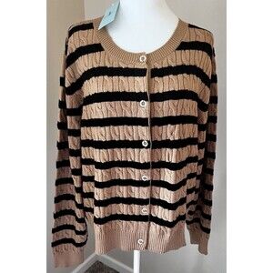 WIHOLL Women’s XL Sweater Cardigan Tan and Black Button Up Striped Crewneck NWT